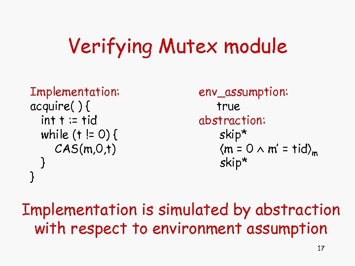 Verifying Mutex module Implementation: acquire( ) { int t : = tid while (t
