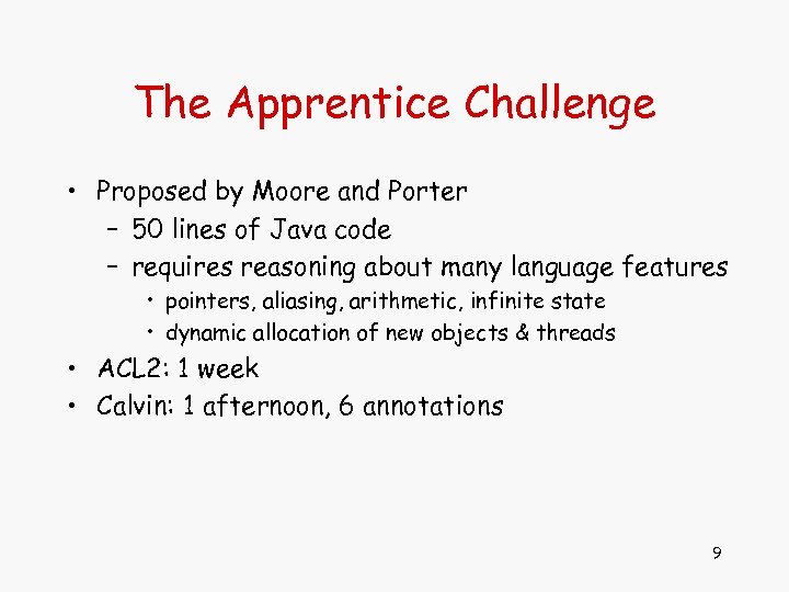 The Apprentice Challenge • Proposed by Moore and Porter – 50 lines of Java
