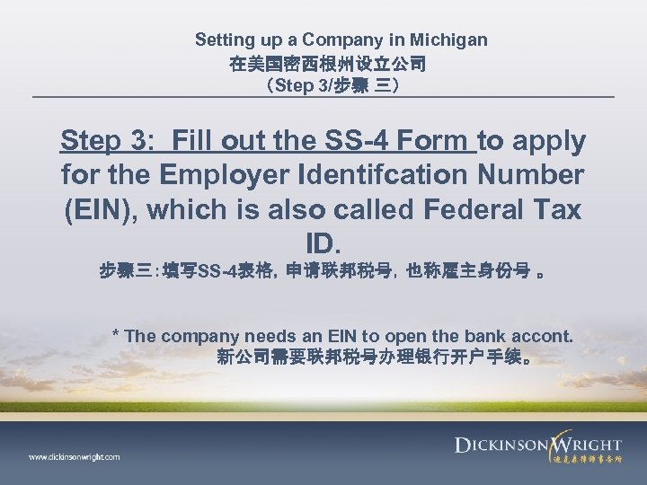 Setting up a Company in Michigan 在美国密西根州设立公司 （Step 3/步骤 三） Step 3: Fill out