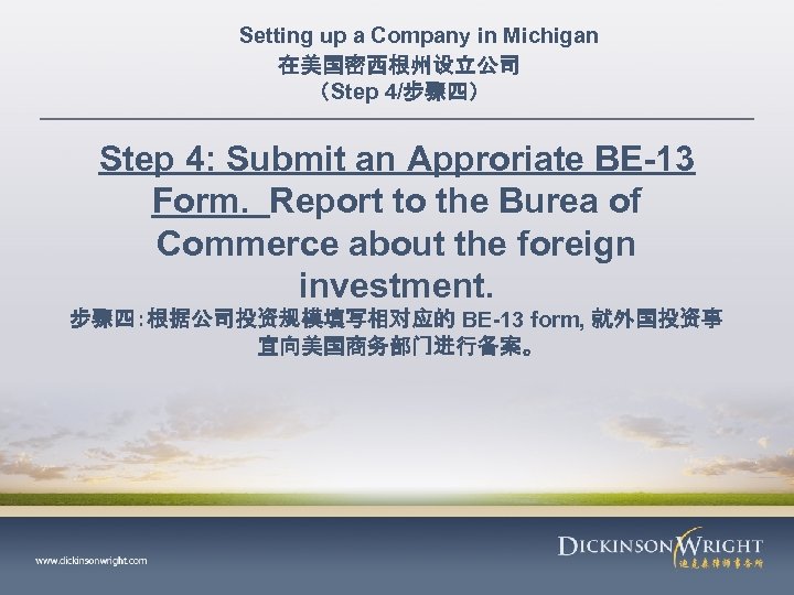 Setting up a Company in Michigan 在美国密西根州设立公司 （Step 4/步骤四） Step 4: Submit an Approriate