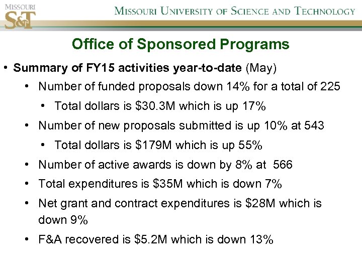 Office of Sponsored Programs • Summary of FY 15 activities year-to-date (May) • Number