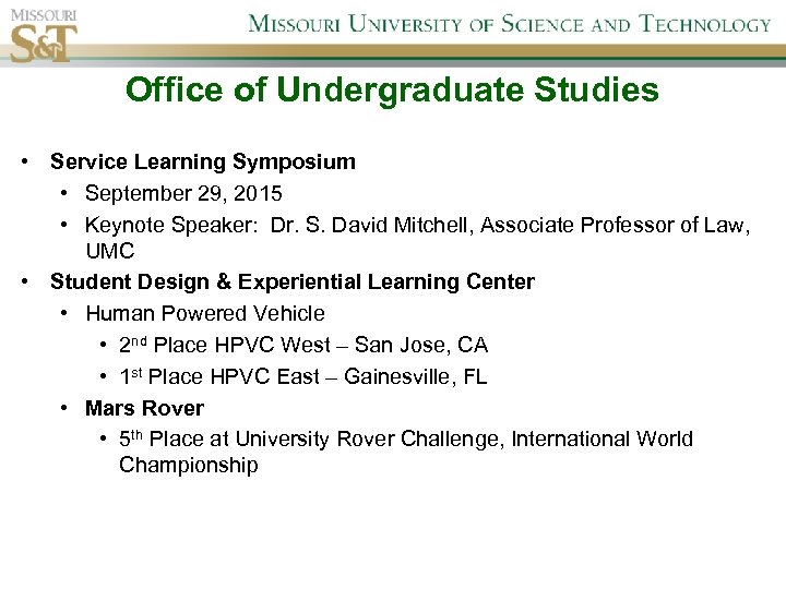 Office of Undergraduate Studies • Service Learning Symposium • September 29, 2015 • Keynote