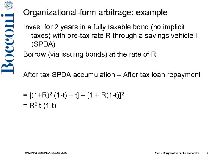 Organizational-form arbitrage: example Invest for 2 years in a fully taxable bond (no implicit