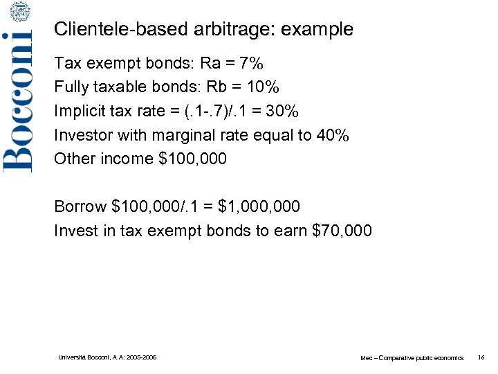 Clientele-based arbitrage: example Tax exempt bonds: Ra = 7% Fully taxable bonds: Rb =