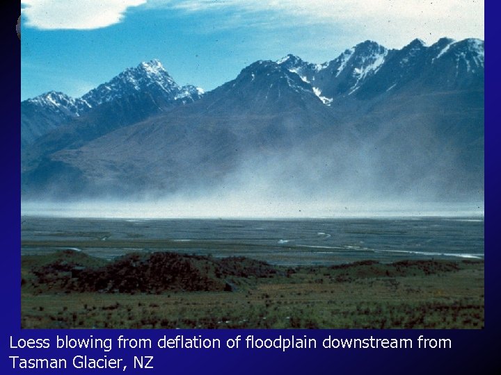 Loess blowing from deflation of floodplain downstream from Tasman Glacier, NZ 