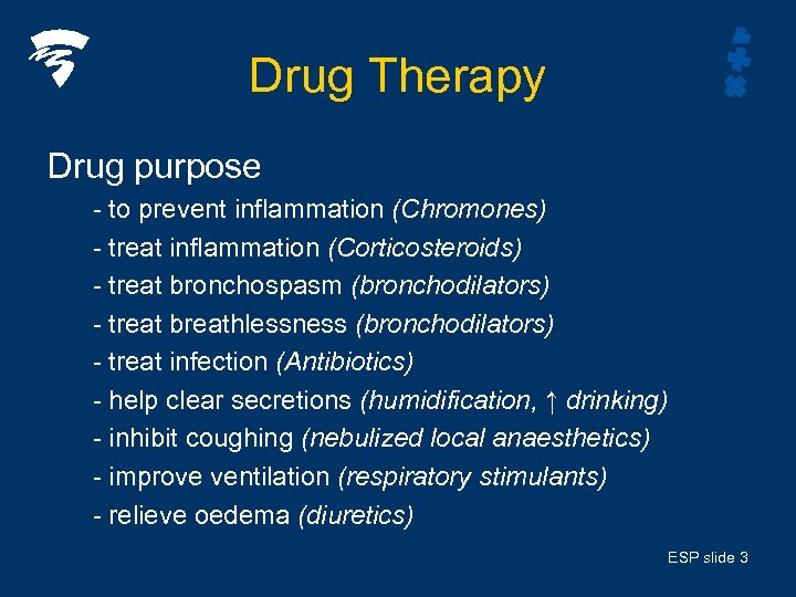 Drug Therapy Drug purpose - to prevent inflammation (Chromones) - treat inflammation (Corticosteroids) -
