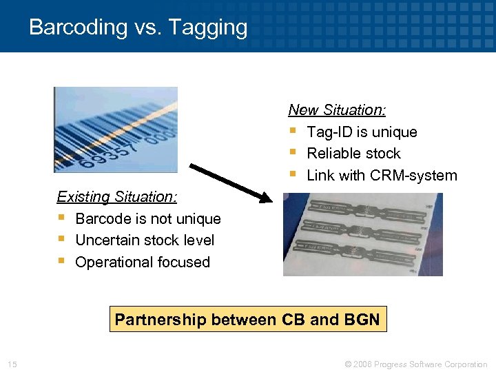 Barcoding vs. Tagging New Situation: § Tag-ID is unique § Reliable stock § Link