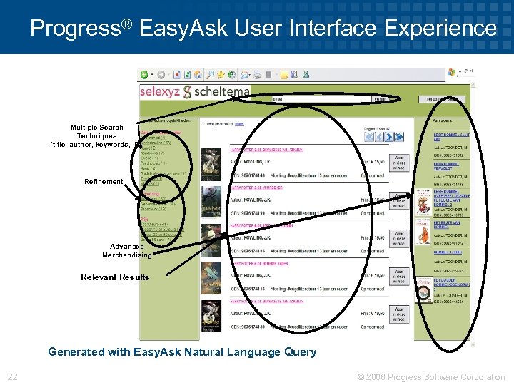 Progress® Easy. Ask User Interface Experience Multiple Search Techniques (title, author, keywords, ID) Refinement