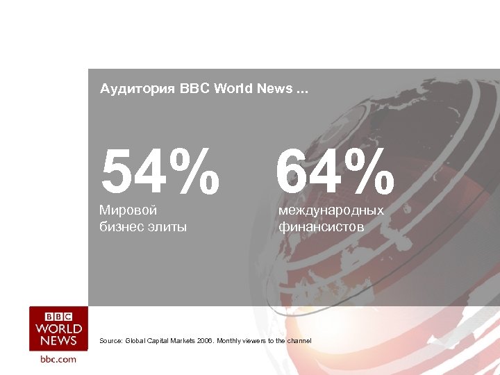 Аудитория BBC World News. . . 54% 64% Мировой бизнес элиты международных финансистов Source: