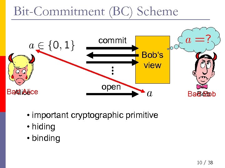 Bit-Commitment (BC) Scheme commit Bob‘s view Bad Alice open Bad Bob • important cryptographic