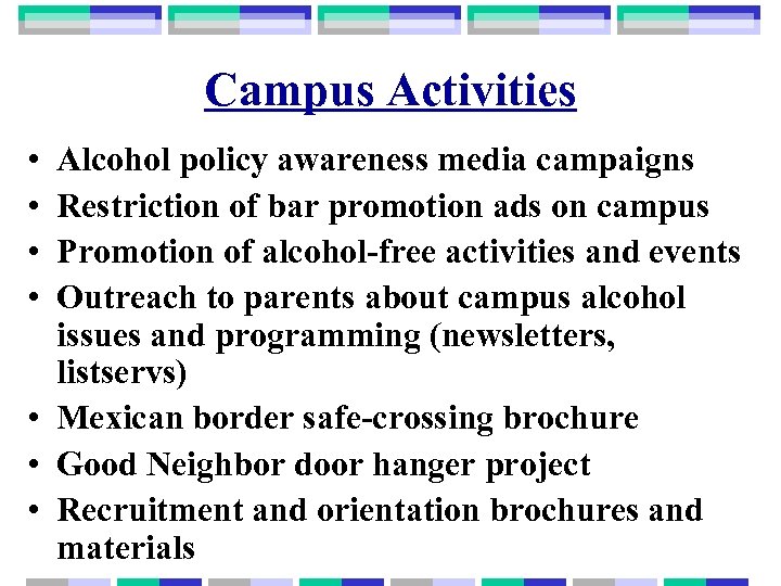 Campus Activities • • Alcohol policy awareness media campaigns Restriction of bar promotion ads