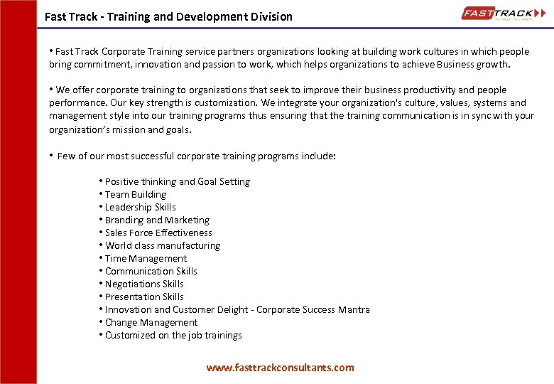 Fast Track - Training and Development Division • Fast Track Corporate Training service partners