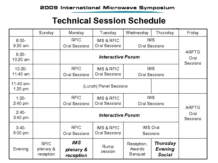 Technical Session Schedule Sunday Tuesday RFIC Oral Sessions 8: 009: 20 am Monday IMS