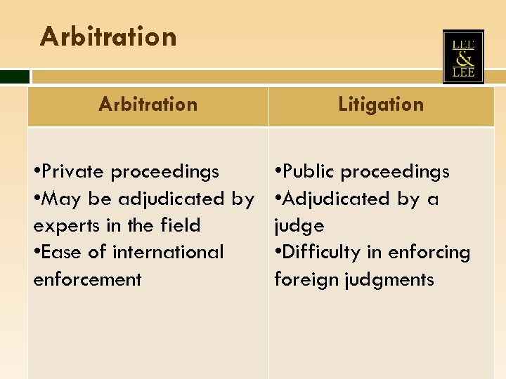 Arbitration • Private proceedings • May be adjudicated by experts in the field •