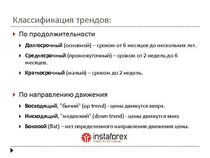 Классификация трендов: По продолжительности Среднесрочный (промежуточный) – сроком от 2 недель до 6 месяцев.