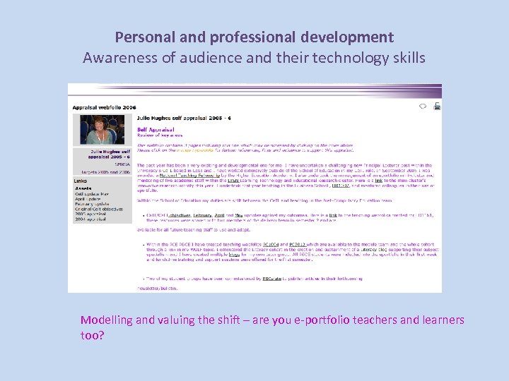 Personal and professional development Awareness of audience and their technology skills Modelling and valuing