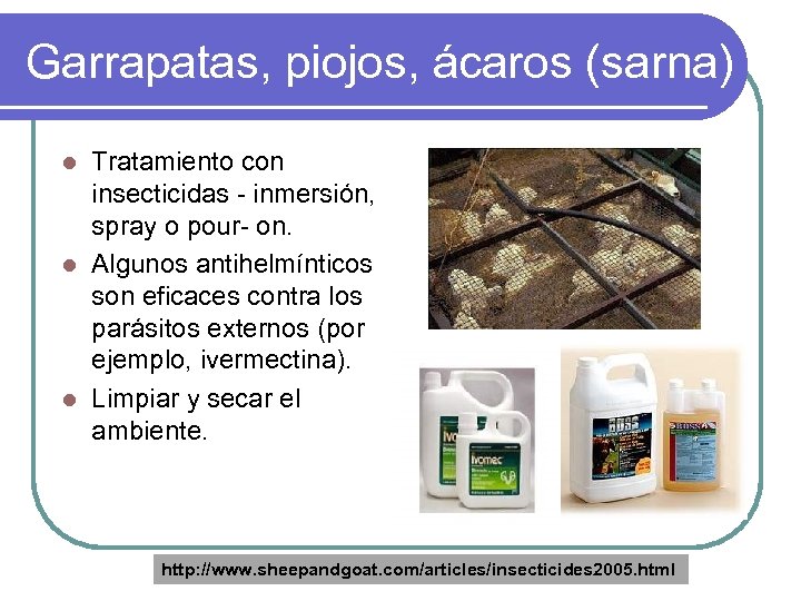 Garrapatas, piojos, ácaros (sarna) Tratamiento con insecticidas - inmersión, spray o pour- on. l