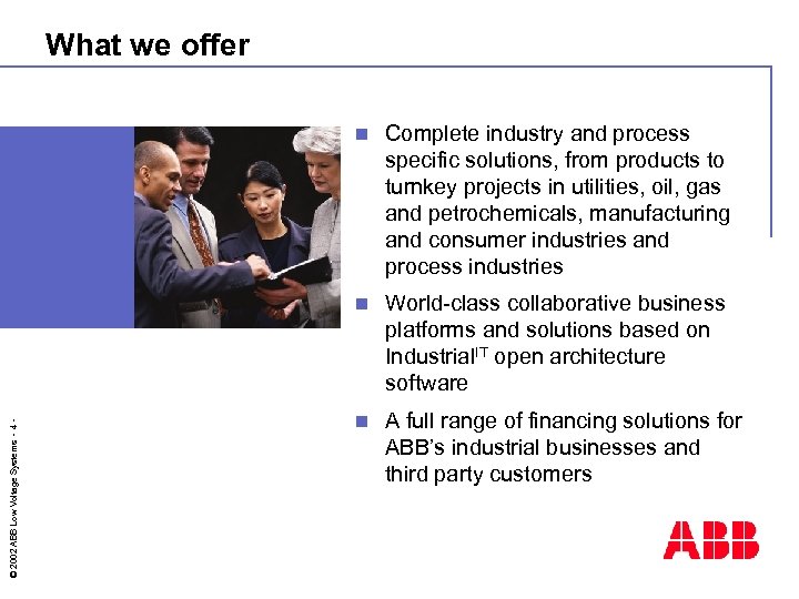 What we offer Complete industry and process specific solutions, from products to turnkey projects