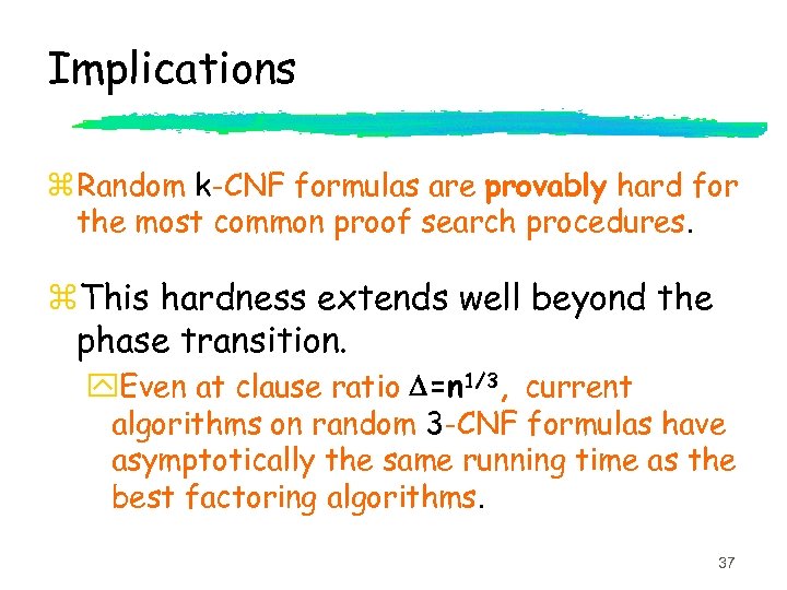 Implications z Random k-CNF formulas are provably hard for the most common proof search