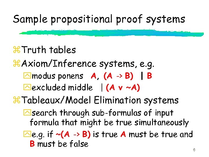 Sample propositional proof systems z. Truth tables z. Axiom/Inference systems, e. g. ymodus ponens