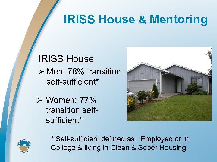 IRISS House & Mentoring IRISS House Ø Men: 78% transition self-sufficient* Ø Women: 77%