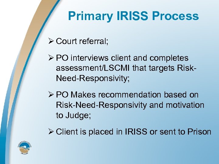 Primary IRISS Process Ø Court referral; Ø PO interviews client and completes assessment/LSCMI that