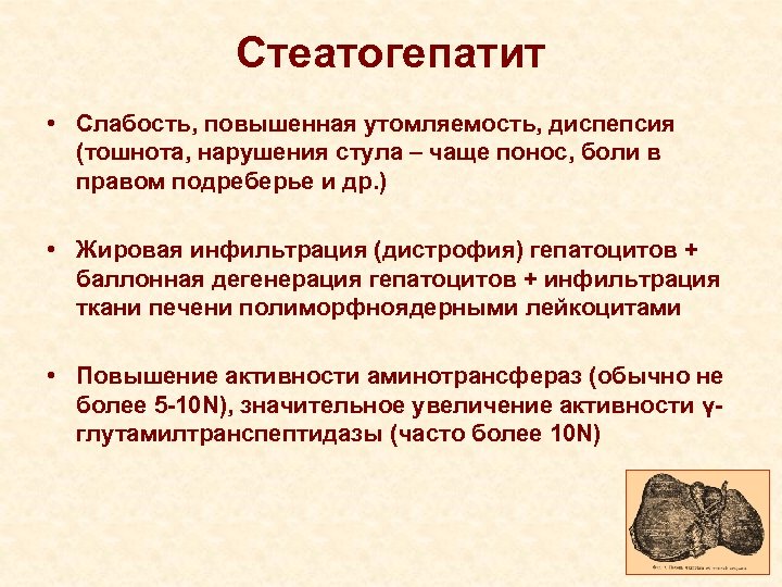 Стеатогепатит • Слабость, повышенная утомляемость, диспепсия (тошнота, нарушения стула – чаще понос, боли в