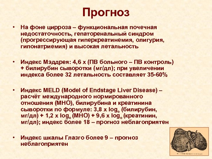 Прогноз • На фоне цирроза – функциональная почечная недостаточность, гепаторенальный синдром (прогрессирующая гиперкреатинемия, олигурия,