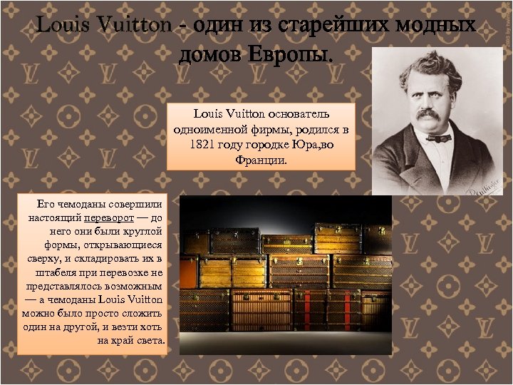 Louis Vuitton - один из старейших модных домов Европы. Louis Vuitton основатель одноименной фирмы,