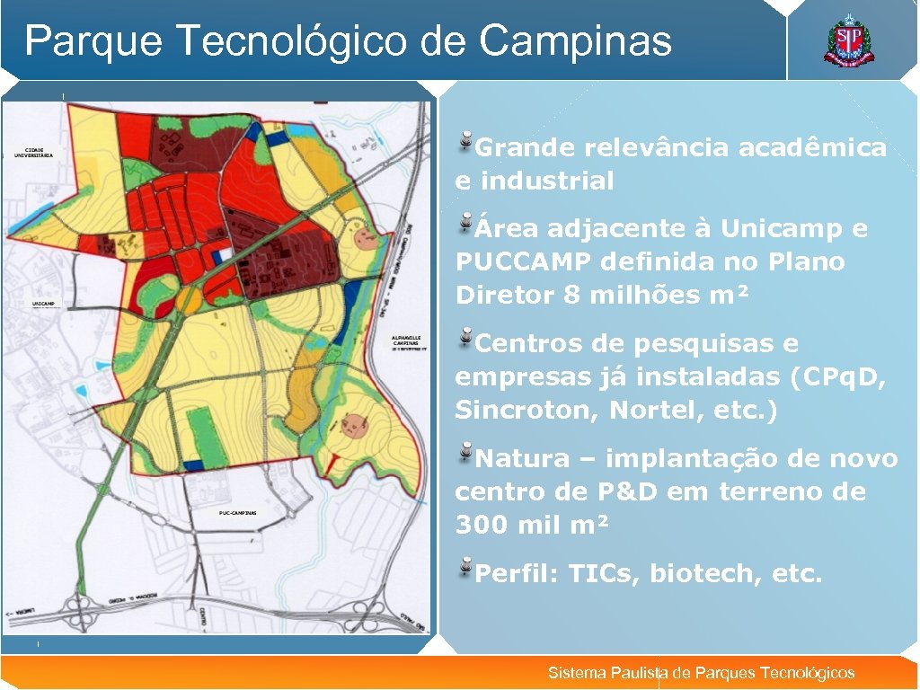 Parque Tecnológico de Campinas Grande relevância acadêmica e industrial Área adjacente à Unicamp e