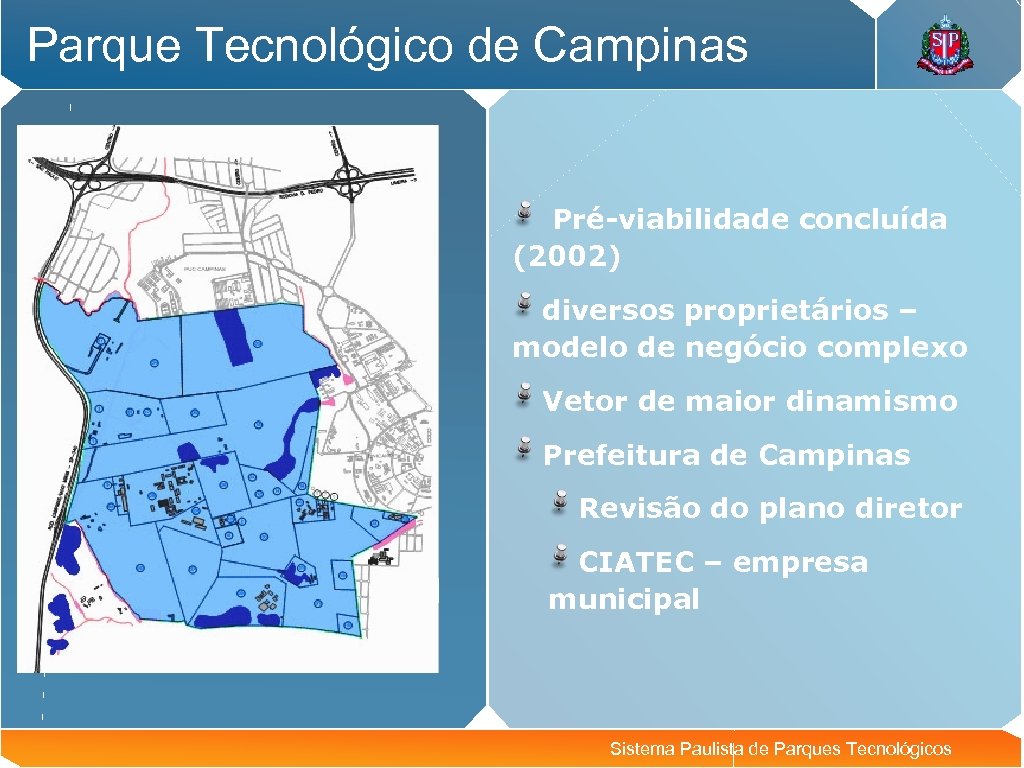 Parque Tecnológico de Campinas Pré-viabilidade concluída (2002) diversos proprietários – modelo de negócio complexo