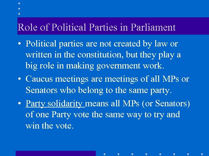 Role of Political Parties in Parliament • Political parties are not created by law