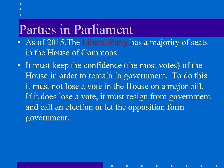 Parties in Parliament • As of 2015, The Liberal Party has a majority of