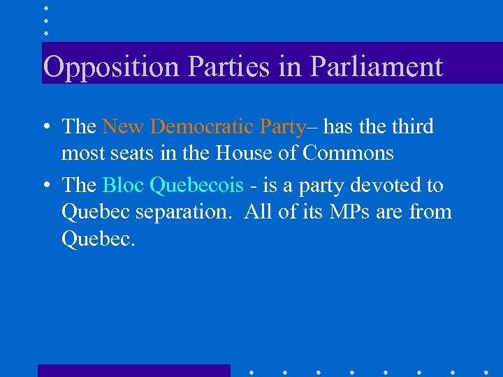 Opposition Parties in Parliament • The New Democratic Party– has the third most seats