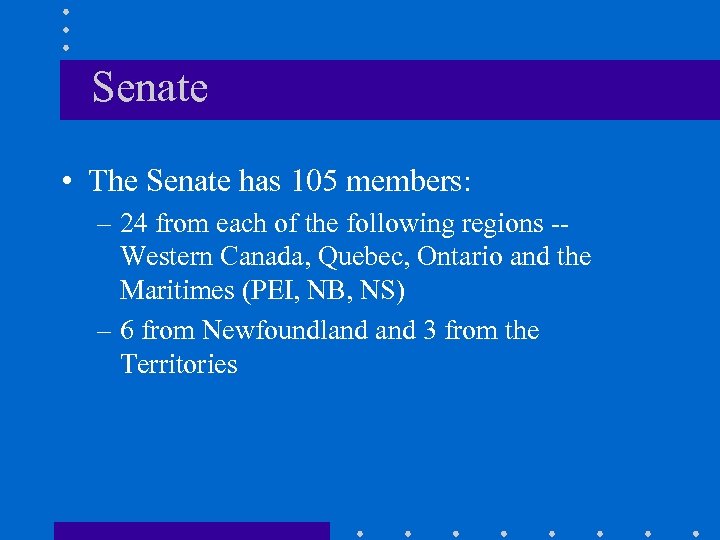 Senate • The Senate has 105 members: – 24 from each of the following