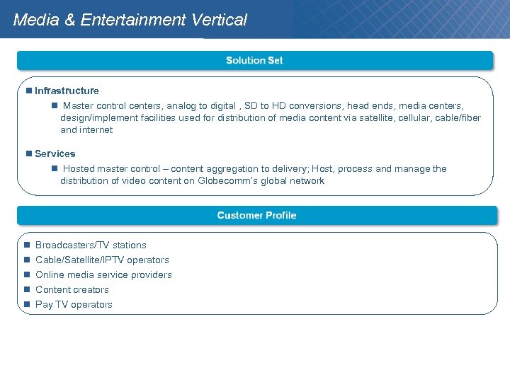 Media & Entertainment Vertical Infrastructure Master control centers, analog to digital , SD to