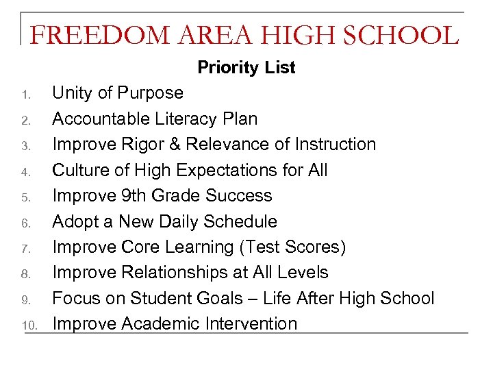 FREEDOM AREA HIGH SCHOOL Priority List 1. 2. 3. 4. 5. 6. 7. 8.