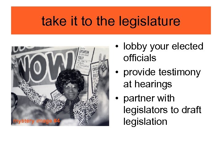 take it to the legislature mystery image #4 • lobby your elected officials •