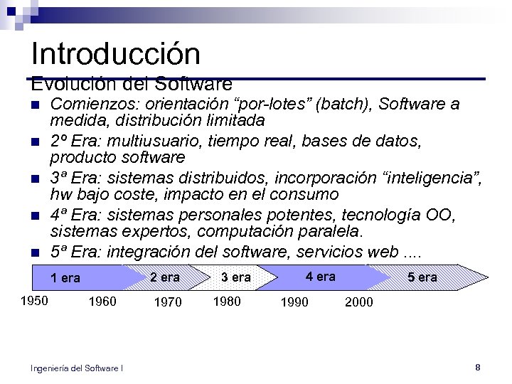 Introducción Evolución del Software n n n Comienzos: orientación “por-lotes” (batch), Software a medida,