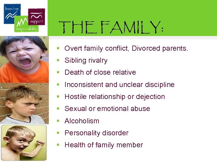 THE FAMILY: § Overt family conflict, Divorced parents. § Sibling rivalry § Death of