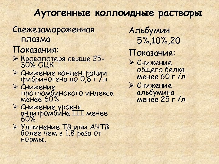 Аутогенные коллоидные растворы Свежезамороженная плазма Показания: Ø Кровопотеря свыше 2530% ОЦК Ø Снижение концентрации