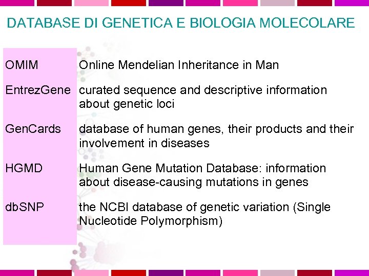 DATABASE DI GENETICA E BIOLOGIA MOLECOLARE OMIM Online Mendelian Inheritance in Man Entrez. Gene