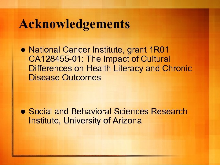 Acknowledgements l National Cancer Institute, grant 1 R 01 CA 128455 -01: The Impact