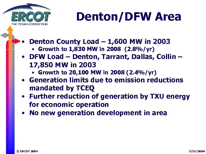 Denton/DFW Area • Denton County Load – 1, 600 MW in 2003 • Growth