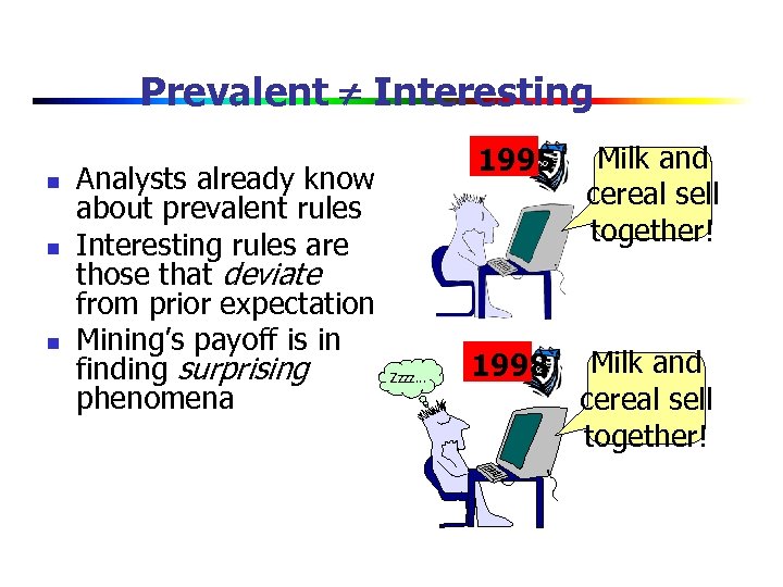 Prevalent Interesting n n n Analysts already know about prevalent rules Interesting rules are