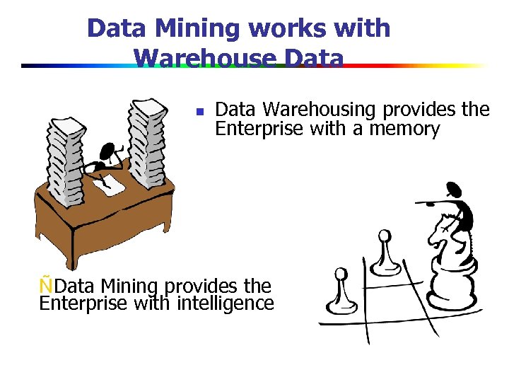 Data Mining works with Warehouse Data n Data Warehousing provides the Enterprise with a