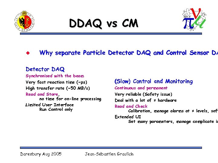 DDAQ vs CM u Why separate Particle Detector DAQ and Control Sensor DA Detector