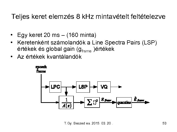 Teljes keret elemzés 8 k. Hz mintavételt feltételezve • Egy keret 20 ms –