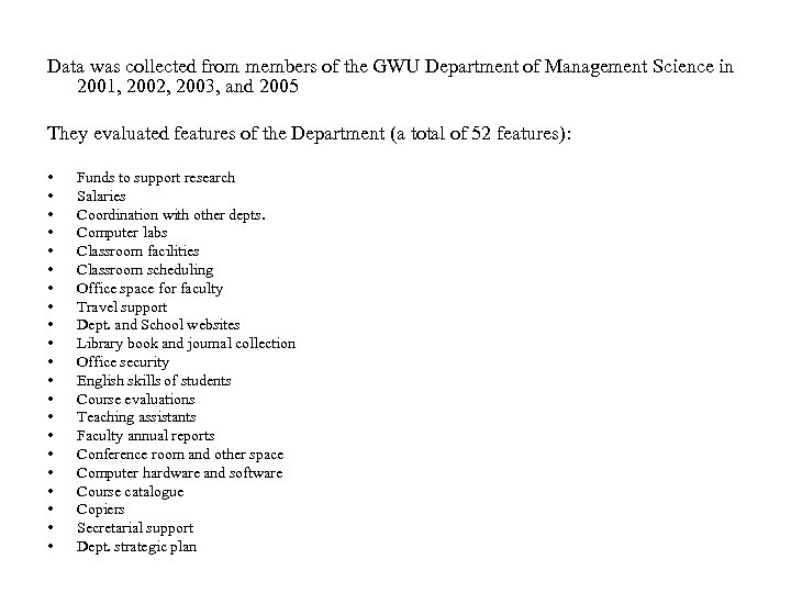 Data was collected from members of the GWU Department of Management Science in 2001,