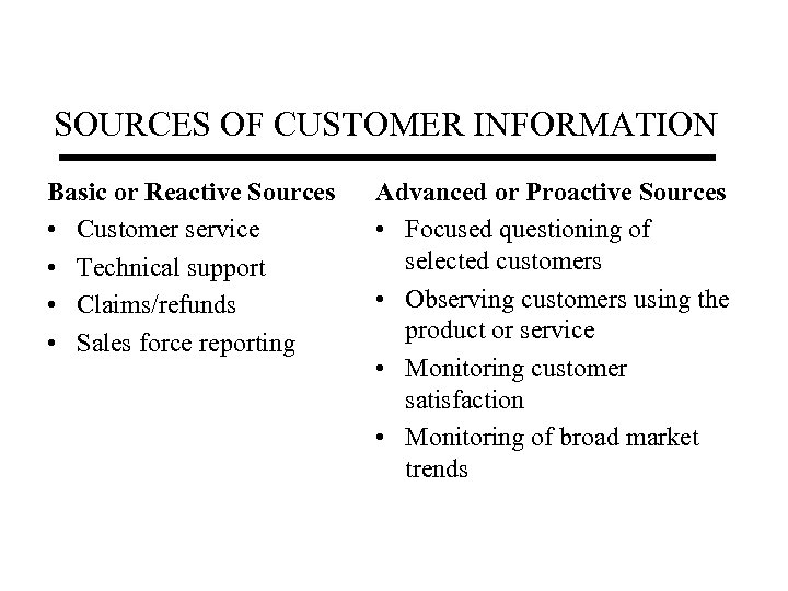 SOURCES OF CUSTOMER INFORMATION Basic or Reactive Sources • Customer service • Technical support
